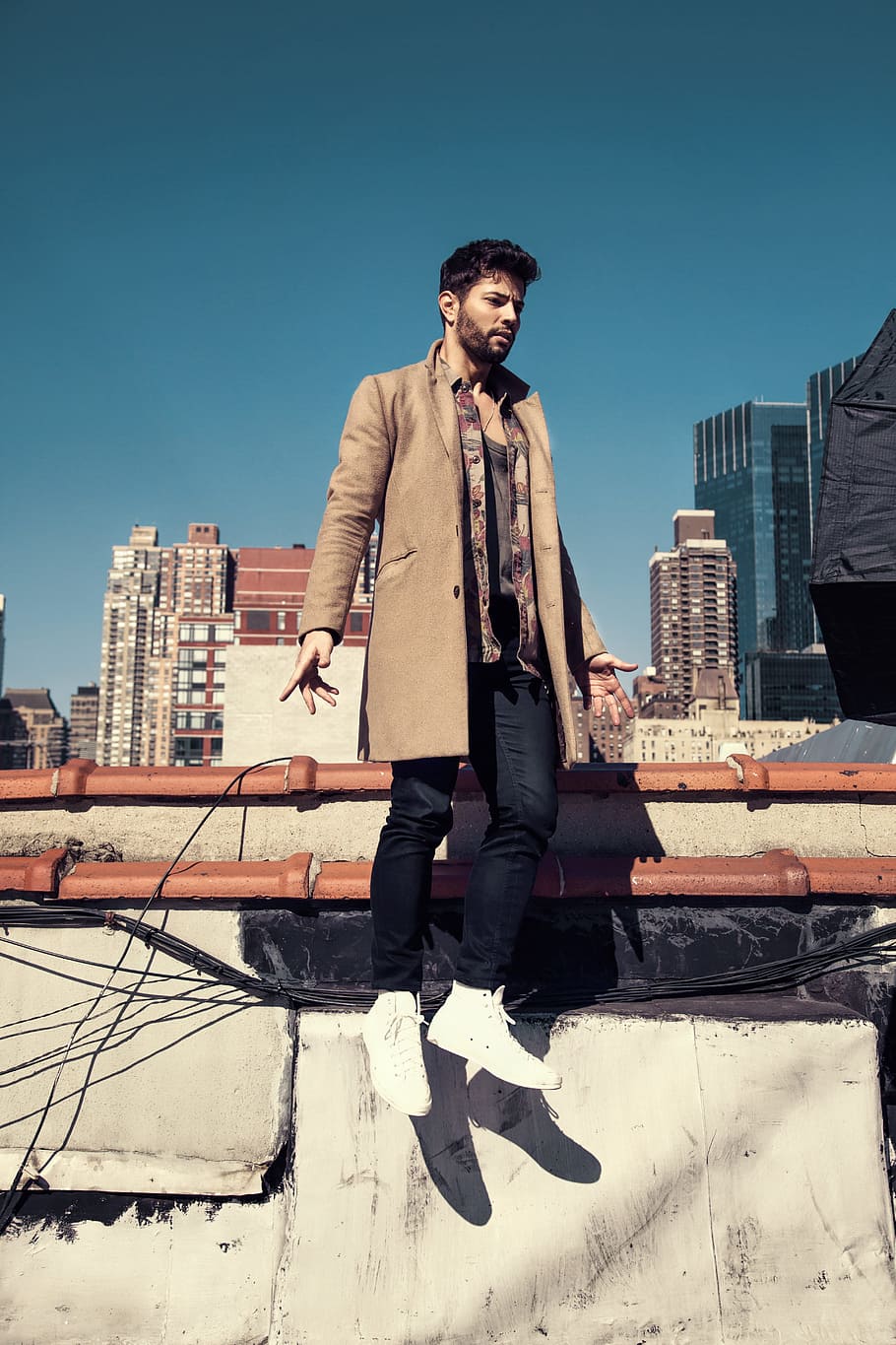 man wearing brown topcoat, male, float, shadow, sunlight, sky HD wallpaper