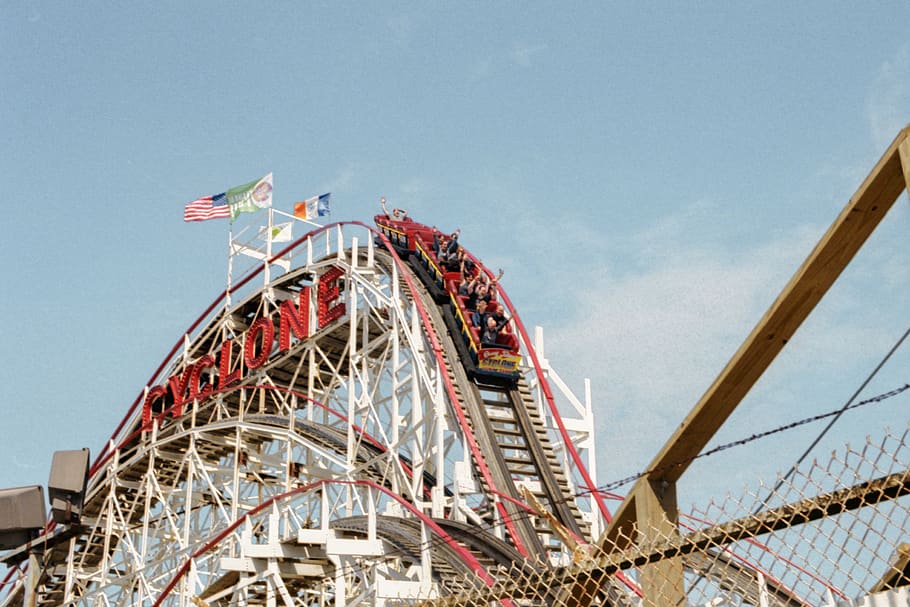 roller coaster, amusement park, theme park, human, person, outdoors HD wallpaper