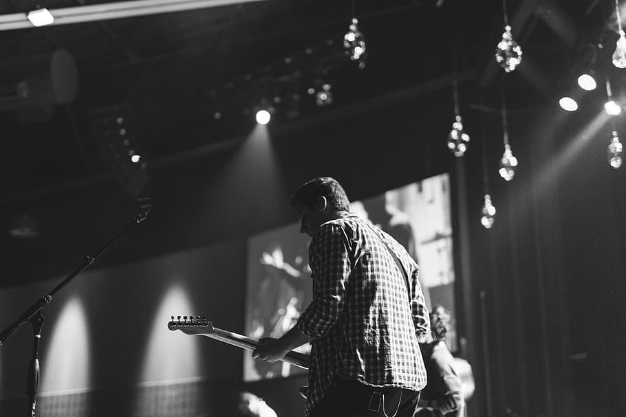 people, man, guy, stage, guitar, musician, guitarist, microphone HD wallpaper