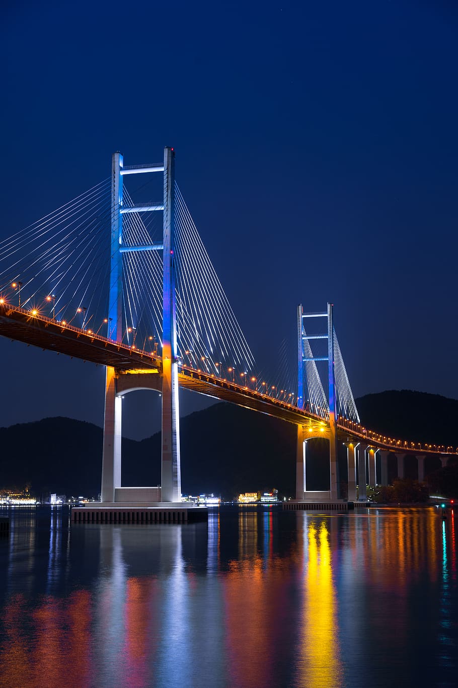 bridge, pier, cable-stayed bridge, sea, post, night view, machang bridge, HD wallpaper
