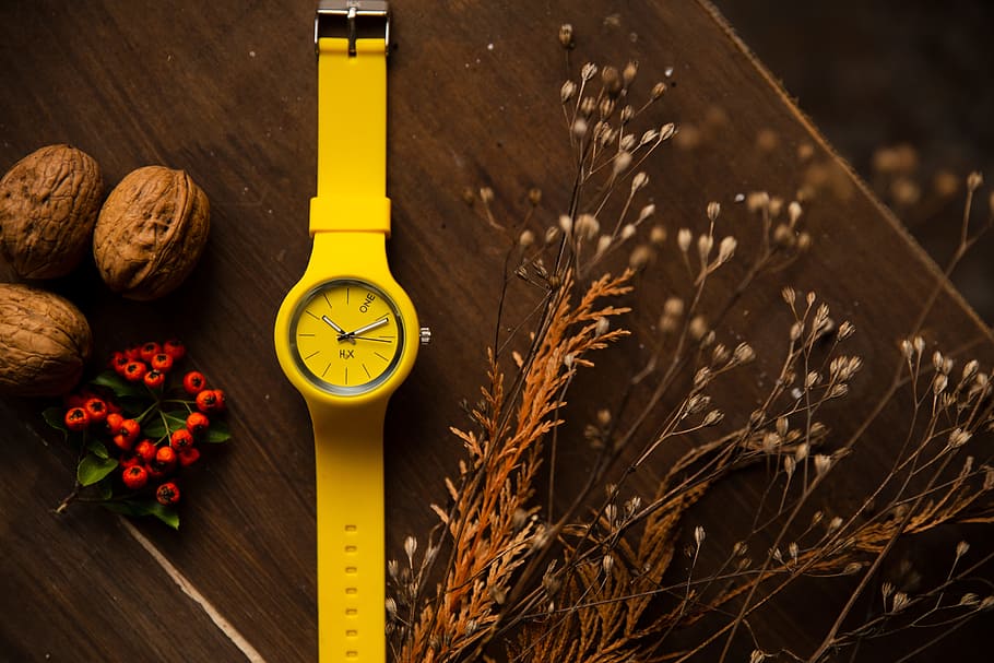 Yellow Watch on Tabletop, art, close-up, color, fall, flatlay HD wallpaper