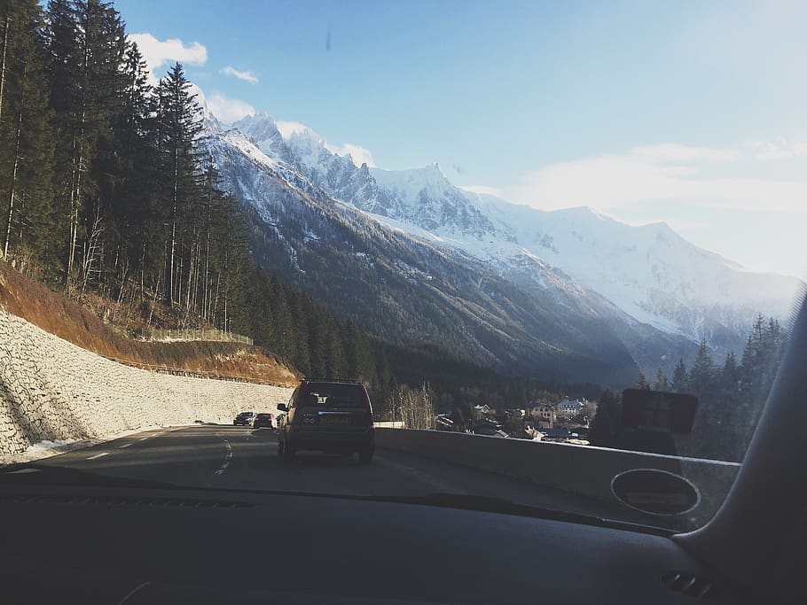 car window view, car view, road, mountain, mountain road, snow HD wallpaper