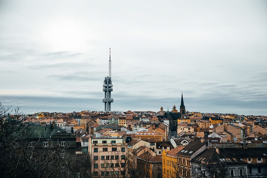 Zizkov tv tower, Prague from distance with old town in the foreground, HD wallpaper