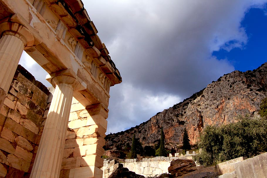 delphi, greece, mountain, trees, architecture, sky, built structure HD wallpaper