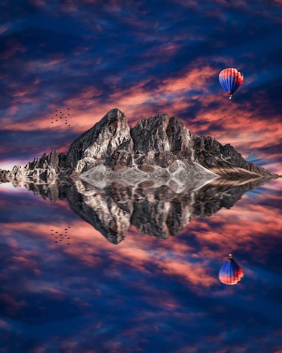 mountain, sunset, reflection, nature, landscape, mountains HD wallpaper