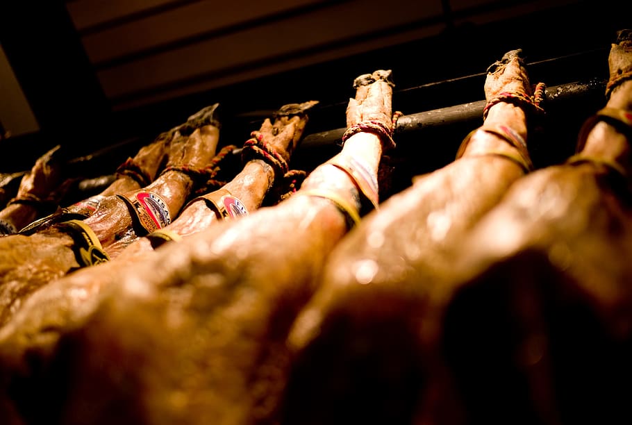 ham, dried, meat, indoors, selective focus, in a row, human hand HD wallpaper