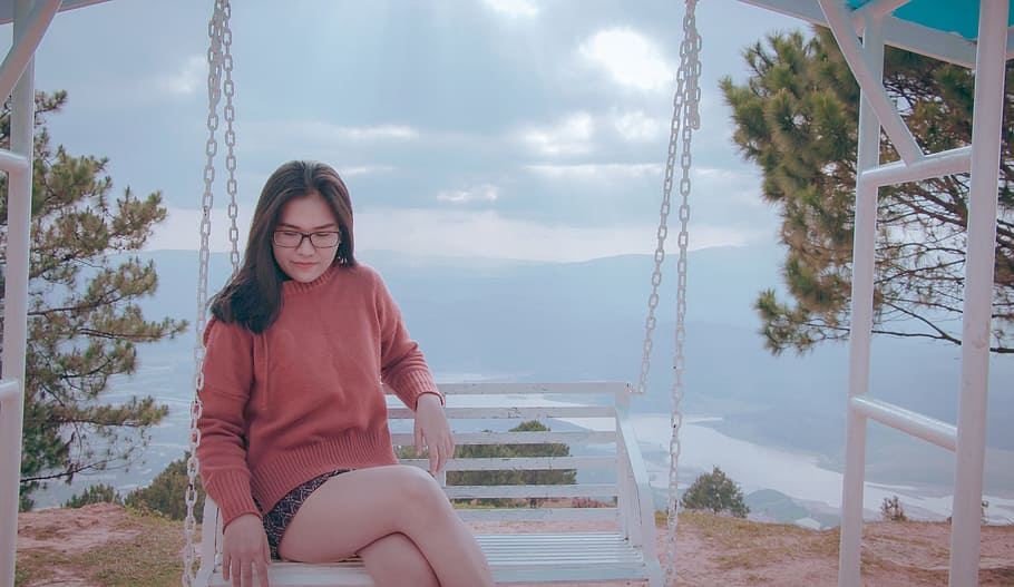 Woman Sitting on White Canopy Swing, beautiful, clouds, enjoyment HD wallpaper