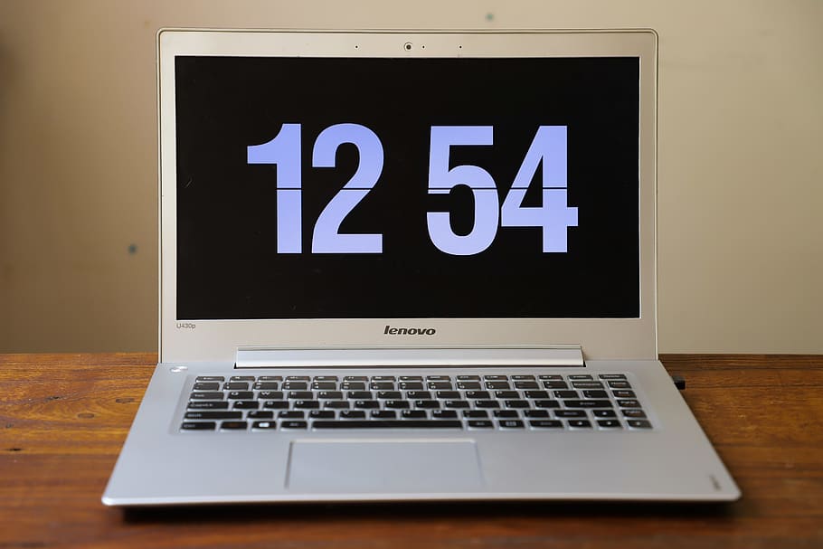 Turned-on Silver Lenovo Laptop Displaying Clock at 12:54, desk, HD wallpaper