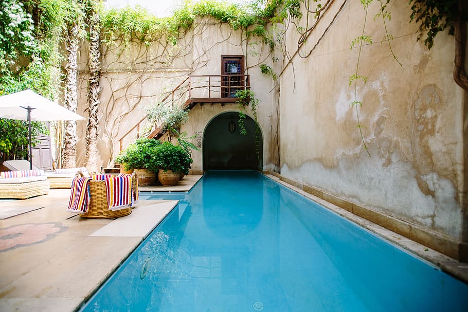 swimming, pool, blue, water, wall, room, stair, umbrella, bench HD wallpaper