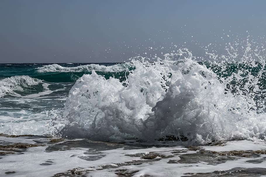 waves, splash, wind, spray, foam, nature, splashing, sea, coast, HD wallpaper