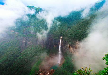 india, cherrapunjee, nature, clouds, areal, sceneary, waterfall HD wallpaper