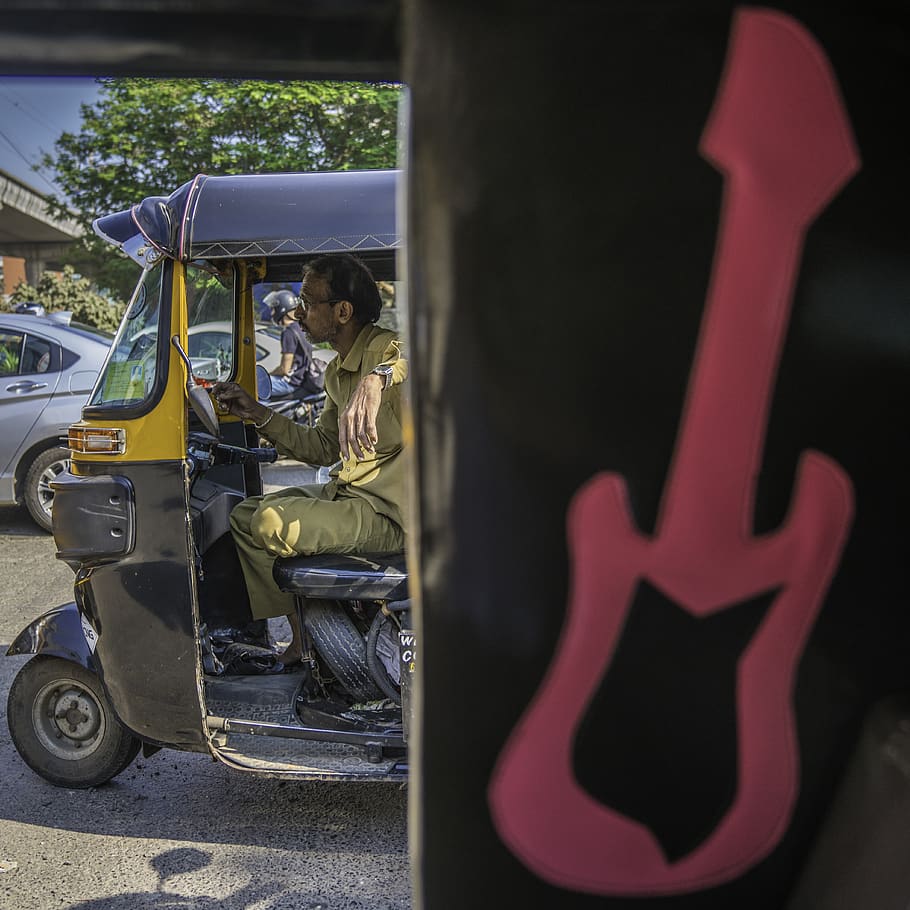 man riding auto rickshaw, person, people, human, vehicle, van HD wallpaper