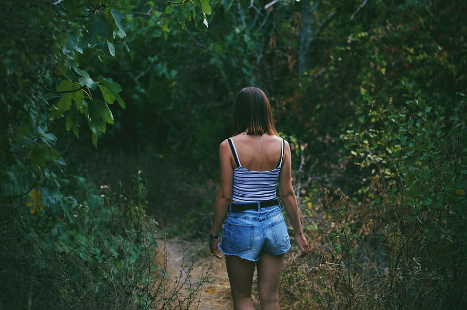 woman on pathway between trees, rear view, one person, plant HD wallpaper