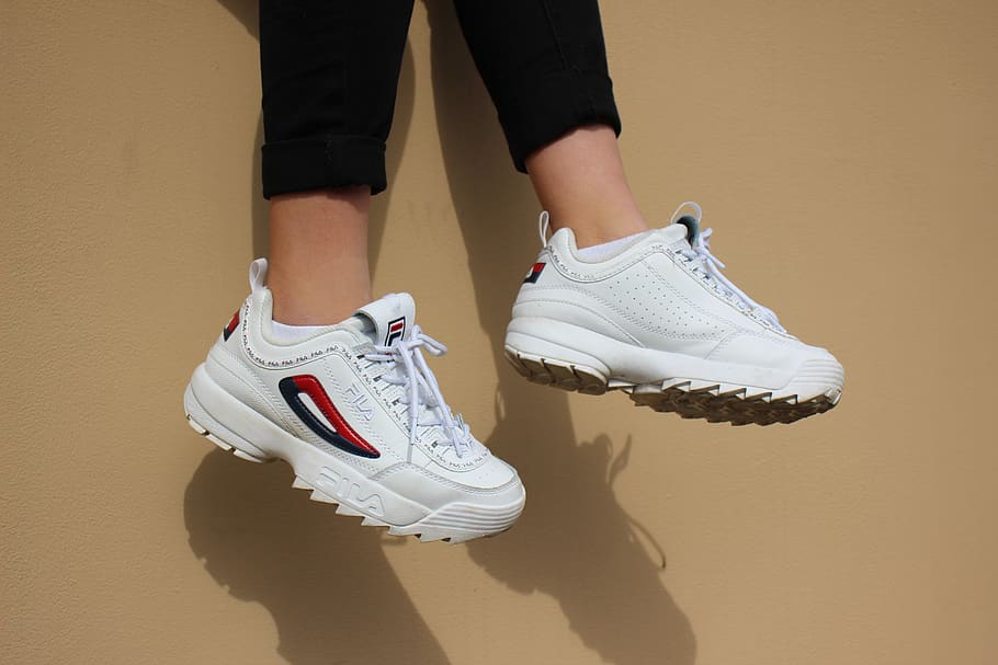 white-red-and-blue FILA low-top sneakers, apparel, footwear, clothing