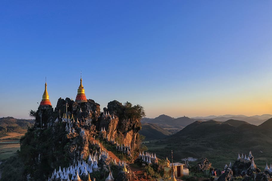 two red temples on mountain peak, sky, dusk, mountain range, castle HD wallpaper
