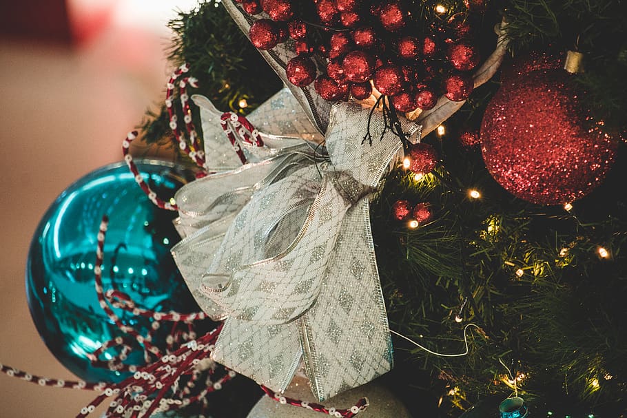 White Ribbon, balls, blur, bow, bright, celebration, christmas HD wallpaper