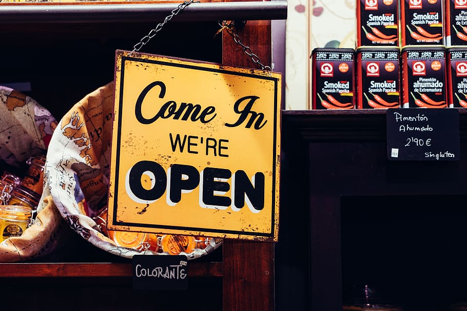 open, sign, store, shop, shopping, products, shelves, retail HD wallpaper