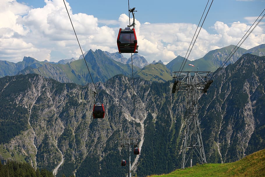 cable car, mountains, clouds, hiking, view, mountain range HD wallpaper