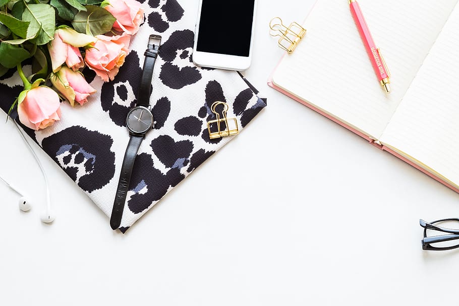 flatlay, roses, pink, desktop, business, paper, office, white HD wallpaper