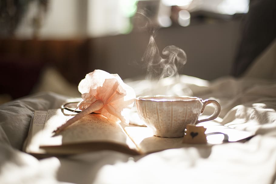 tea, smoke, cup, pen, flower, plume, ink, notepad, writing HD wallpaper