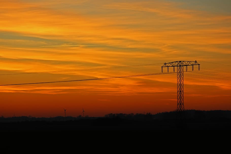 sunset, strommast, current, energy, electricity, sky, power line HD wallpaper