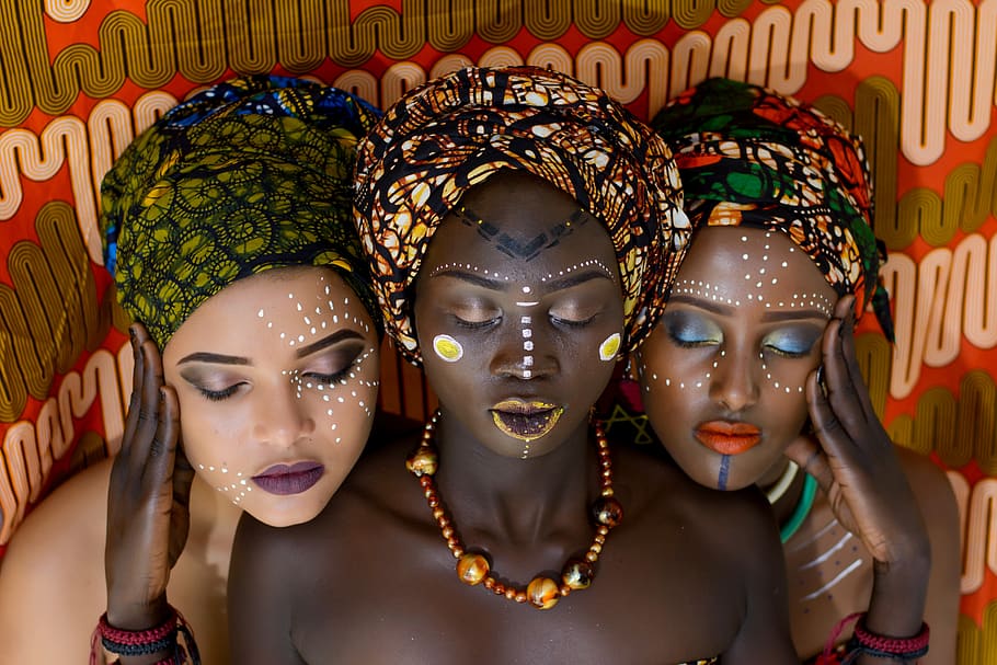 Three Women Wearing Turbands, art, dark, ethnic, face paint, faces, HD wallpaper