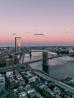 aerial view of city, sunset, brooklyn bridge, williamsburg, manhattan HD wallpaper