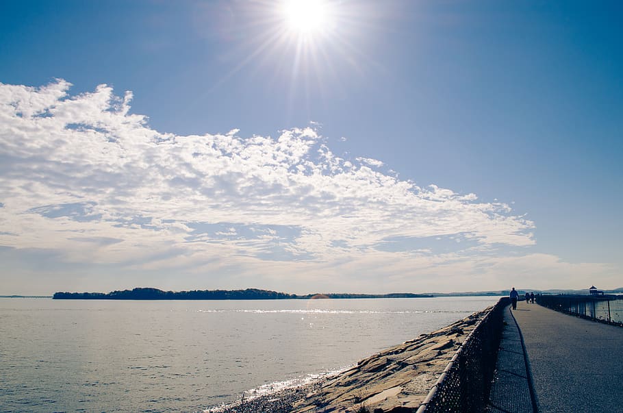walkway, horizon, shore, cloud, sky, sun, new england, ocean HD wallpaper