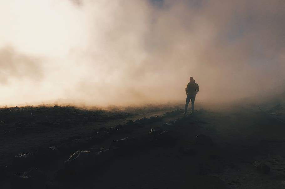 geysir, iceland, fog, field, real people, one person, standing, HD wallpaper