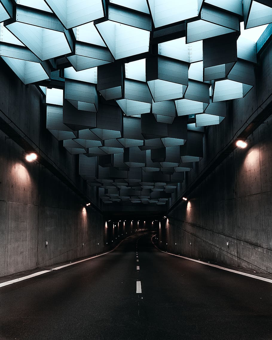 concrete tunnel empty road, illuminated, lighting equipment, architecture HD wallpaper