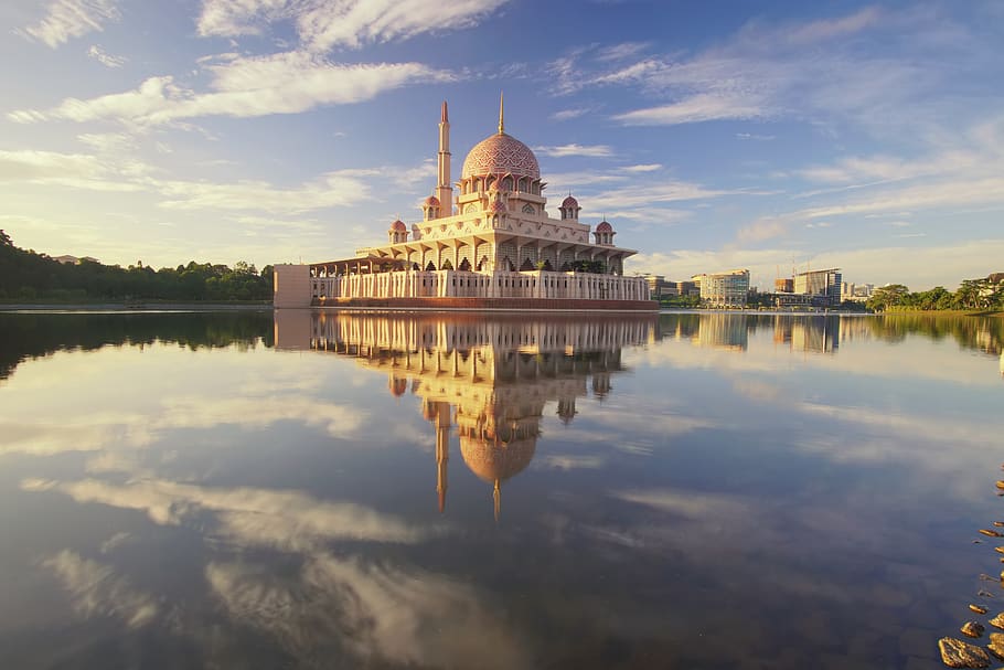 building, lake, reflection, architecture, infrastructure, trees HD wallpaper