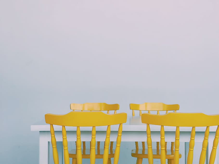 white and yellow empty dining set, no people, copy space, seat HD wallpaper
