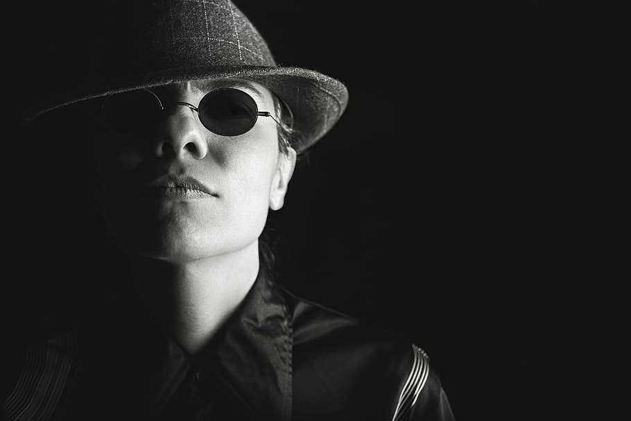 man, guy, sunglasses, hat, fedora, face, black and white, people HD wallpaper