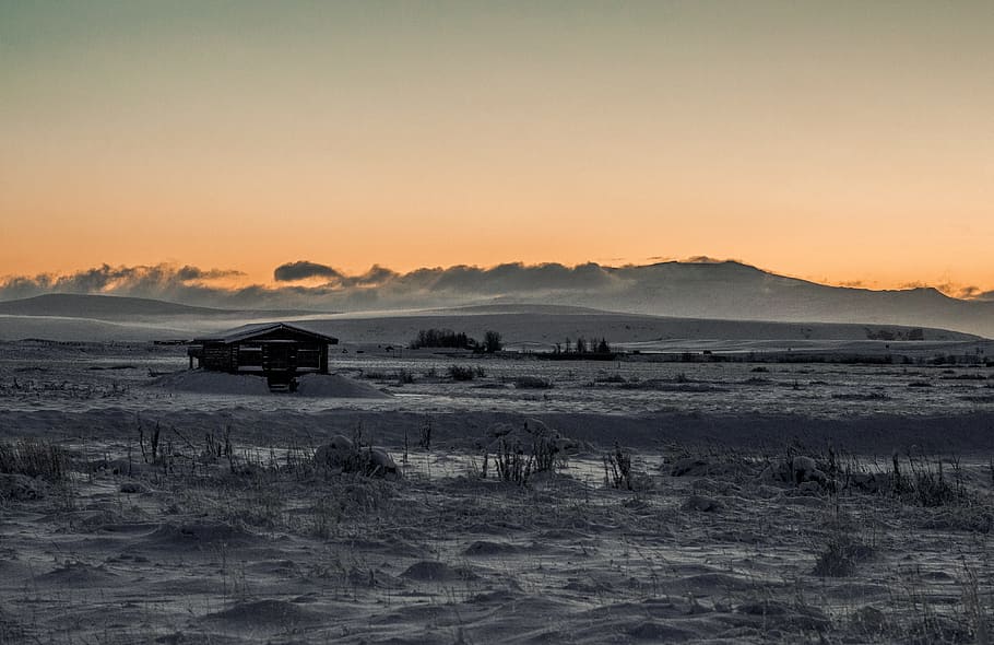 Grayscale Photo of Wooden Cabin in the Middle of Desert, clouds HD wallpaper