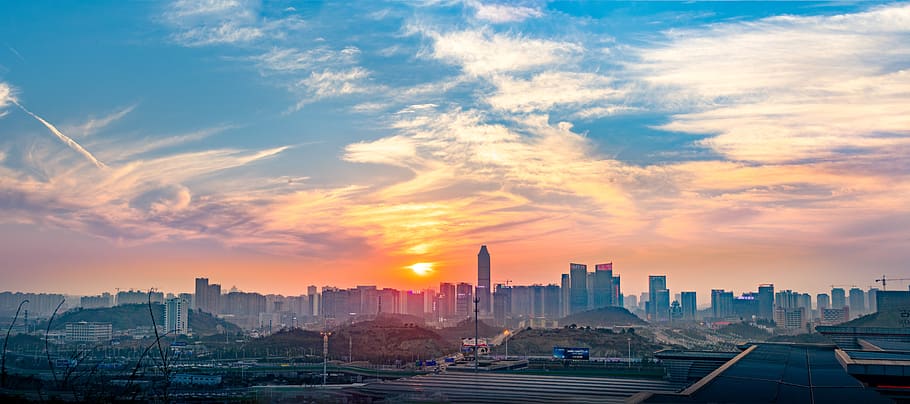 cloud, flame cloud, cirrus, sunset, skyline, city, building HD wallpaper