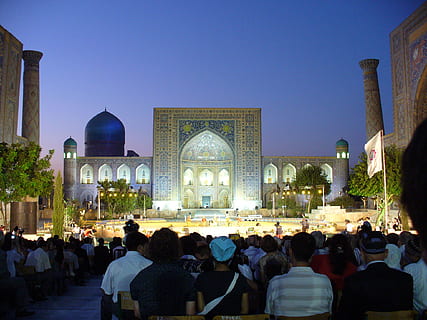 uzbekistan, samarkand, samarcanda, sunset, blue, music, crowd HD wallpaper