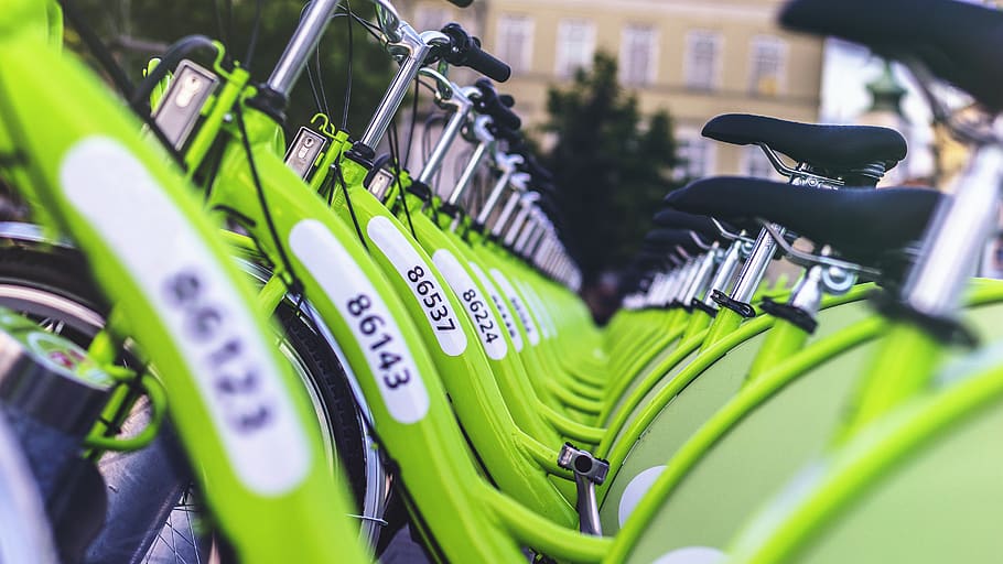 inline green bicycles, selective focus, green color, in a row HD wallpaper