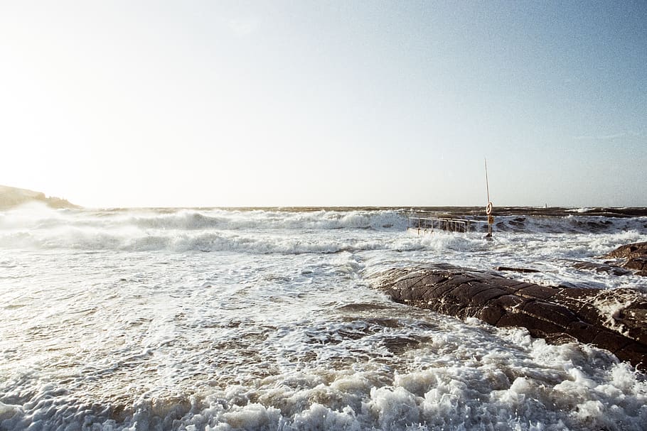 ocean, water, wind, storm, waves, winter, sweden, bridge, horizon HD wallpaper