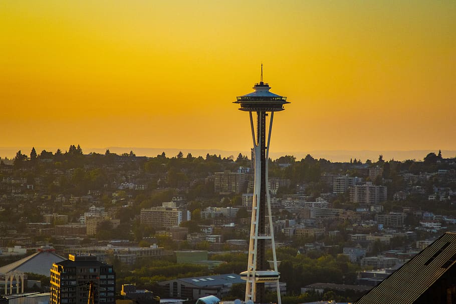 needle tower during sunset, united states, seattle, urban, aerial view HD wallpaper