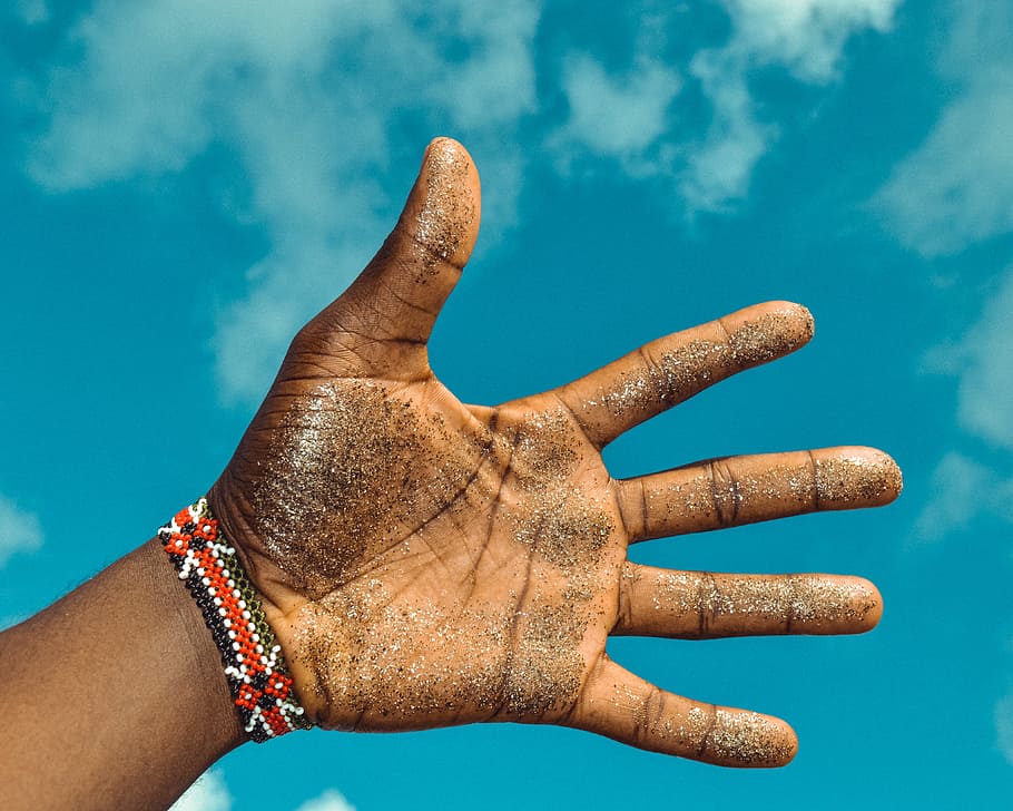 Left Human Palm, body, bracelet, clouds, daylight, glitter, hand HD wallpaper