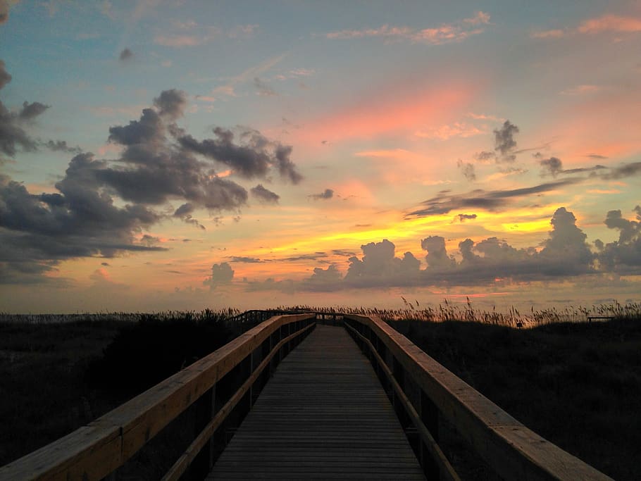 beach, ocean, boardwalk, sunrise, sky, sunset, cloud - sky HD wallpaper