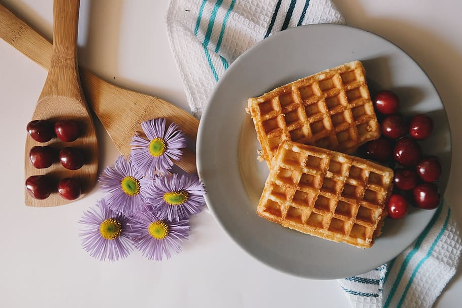 Two Waffles on Plate, bread, cherries, daisies, delicious, flora HD wallpaper