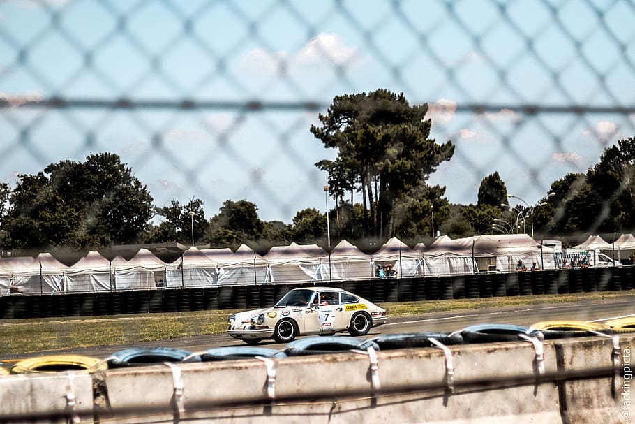 white car on road, track, fence, porsche, vintage, old, classic HD wallpaper