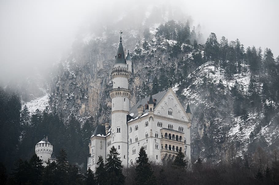 white concrete castle below mountain covered with tree during daytime HD wallpaper