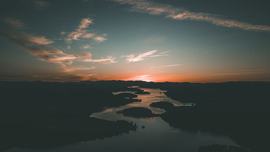 Silhouette of Body of Water, dawn, evening, landscape, light HD wallpaper