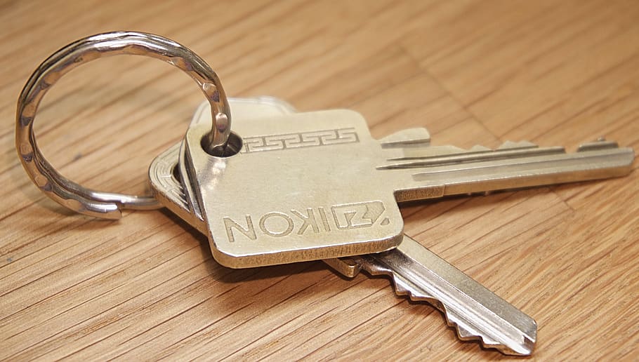 Gray Ikon Keys on Brown Wooden Surface, key ring, wood - material HD wallpaper