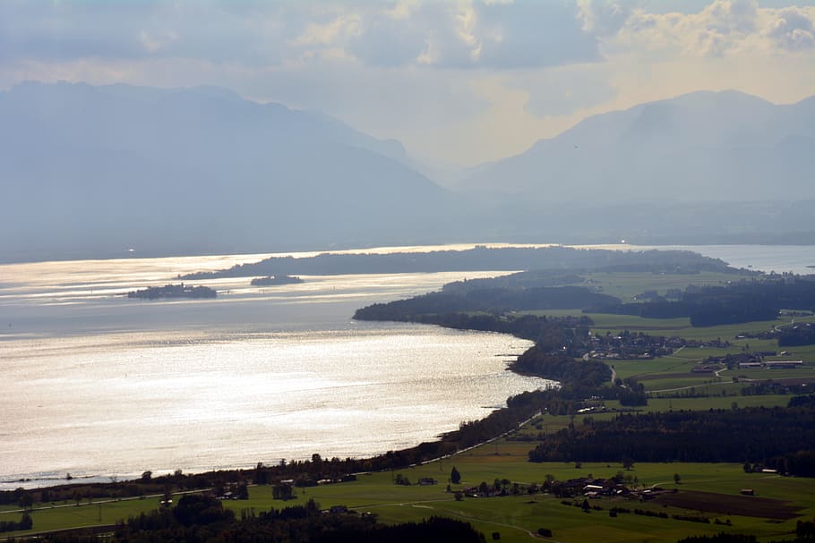 lake, reflection, mountains, landscape, chiemsee, scenics - nature HD wallpaper