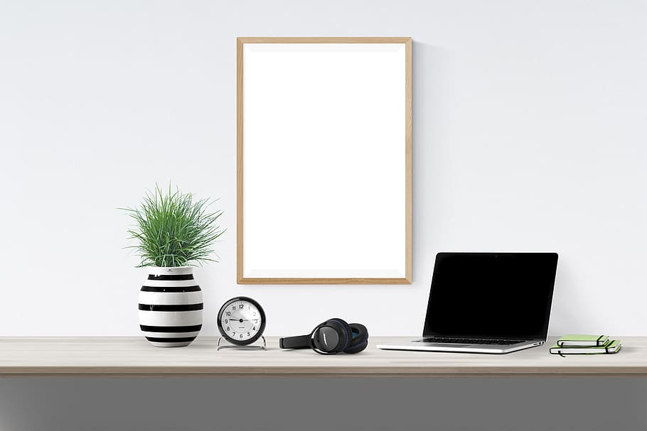 poster, frame, plant, laptop, book, clock, headphone, technology HD wallpaper