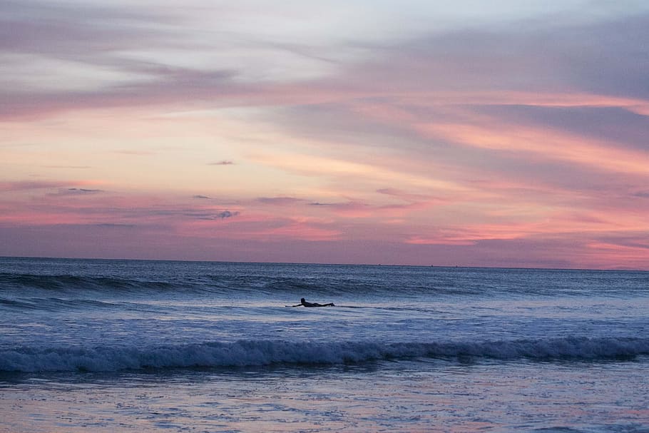 Panoramic Photography of Surfing Man at Sunset, beach, blue, clouds HD wallpaper