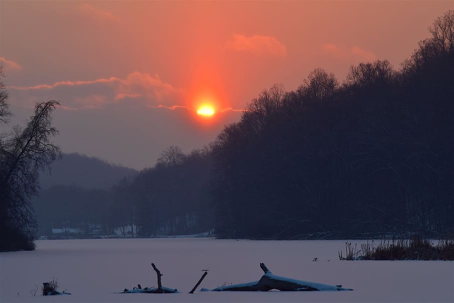 winter, sunset, snow, nature, dusk, twilight, orange, sky, trees HD wallpaper